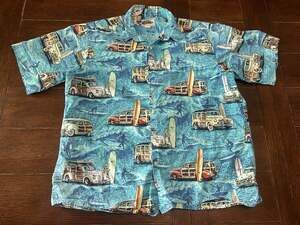Art of Eddy Y by Reyn Spooner Vintage Woodie Cars Surfers Hawaiian Shirt Size L